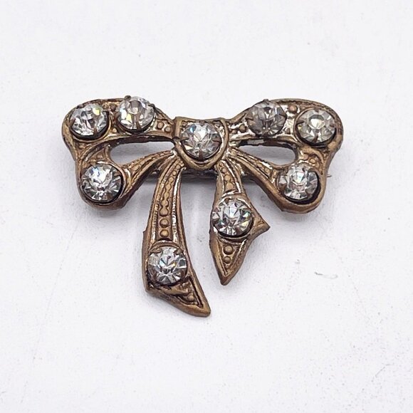 Antique Rhinestone Bow Brooch C Clasp Edwardian Art Deco Clear Sparkle Jewelry - Picture 2 of 10
